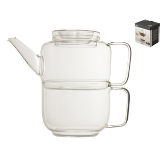 Teekanne Kaffeekanne Glaskanne mit Teetasse, 2tlg., hochwertiges hitzebestndiges Borosilikatglas, Kanne ca.  10 x 17.5 x 8 cm, Tasse ca.  10 x 12.5 x 8 cm, Volumen insgesamt ca. 800ml