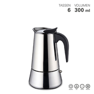 Espressokocher, 6 Tassen  300ml,  ca. 11 cm H ca. 19 cm, Edelstahl poliert, fr alle Herdarten geeignet inklusive Induktion