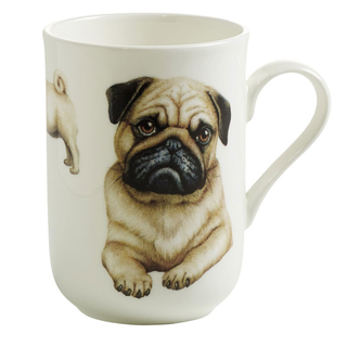 Kaffeebecher Henkelbecher Teebecher Porzellanbecher, Motiv: Hunde  Mops mit Geschenkbox Volumen: 300 ml, Bone China Porzellan, wei